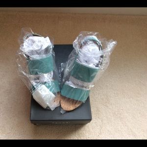 Tahari sandal with cork heel in Caribbean blue